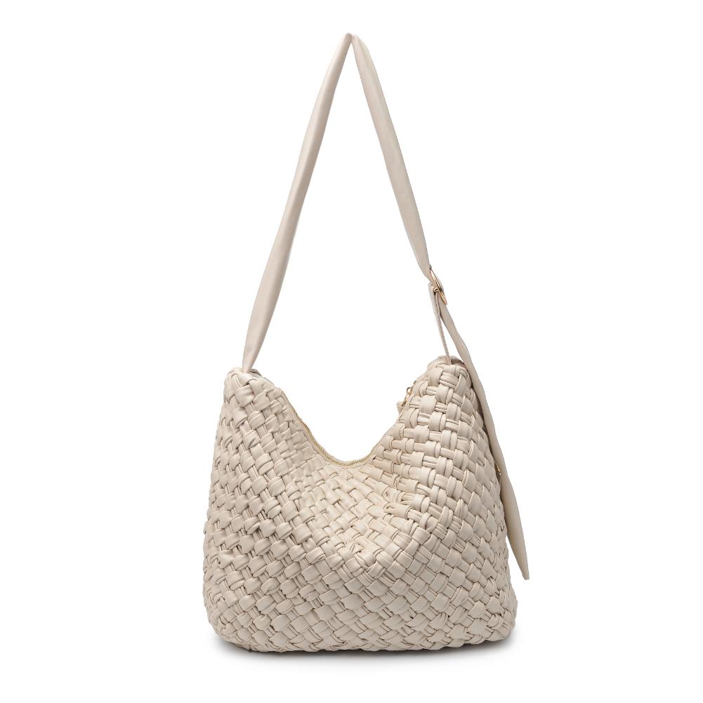 Woman wearing Oatmilk Moda Luxe Classica Crossbody 842017135494 View 7 | Oatmilk