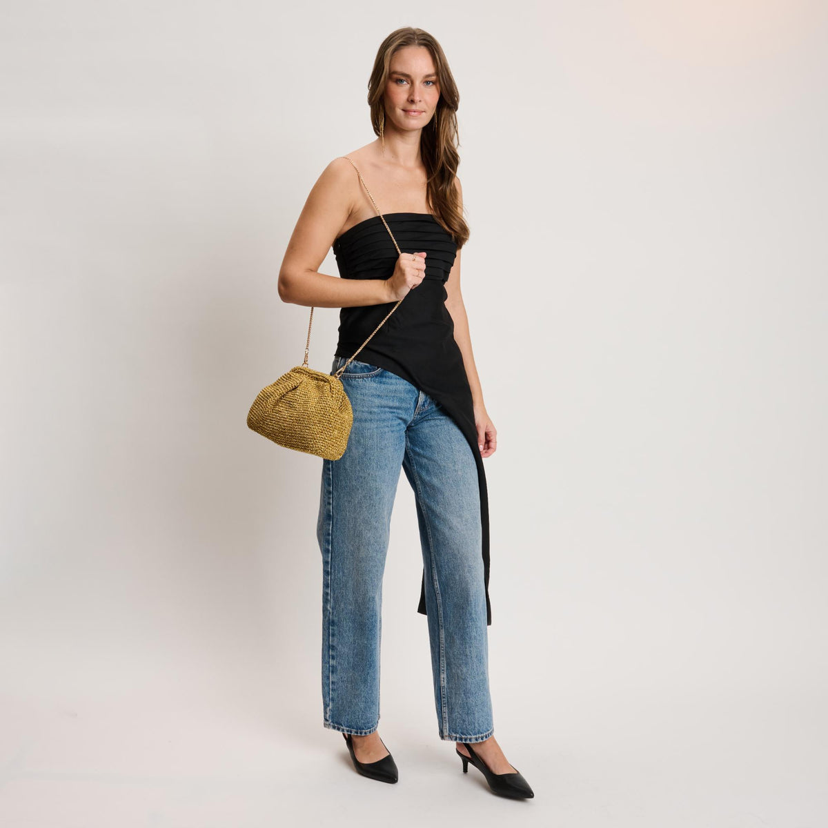 Woman wearing Gold Moda Luxe Amelia Clutch 842017140986 View 4 | Gold