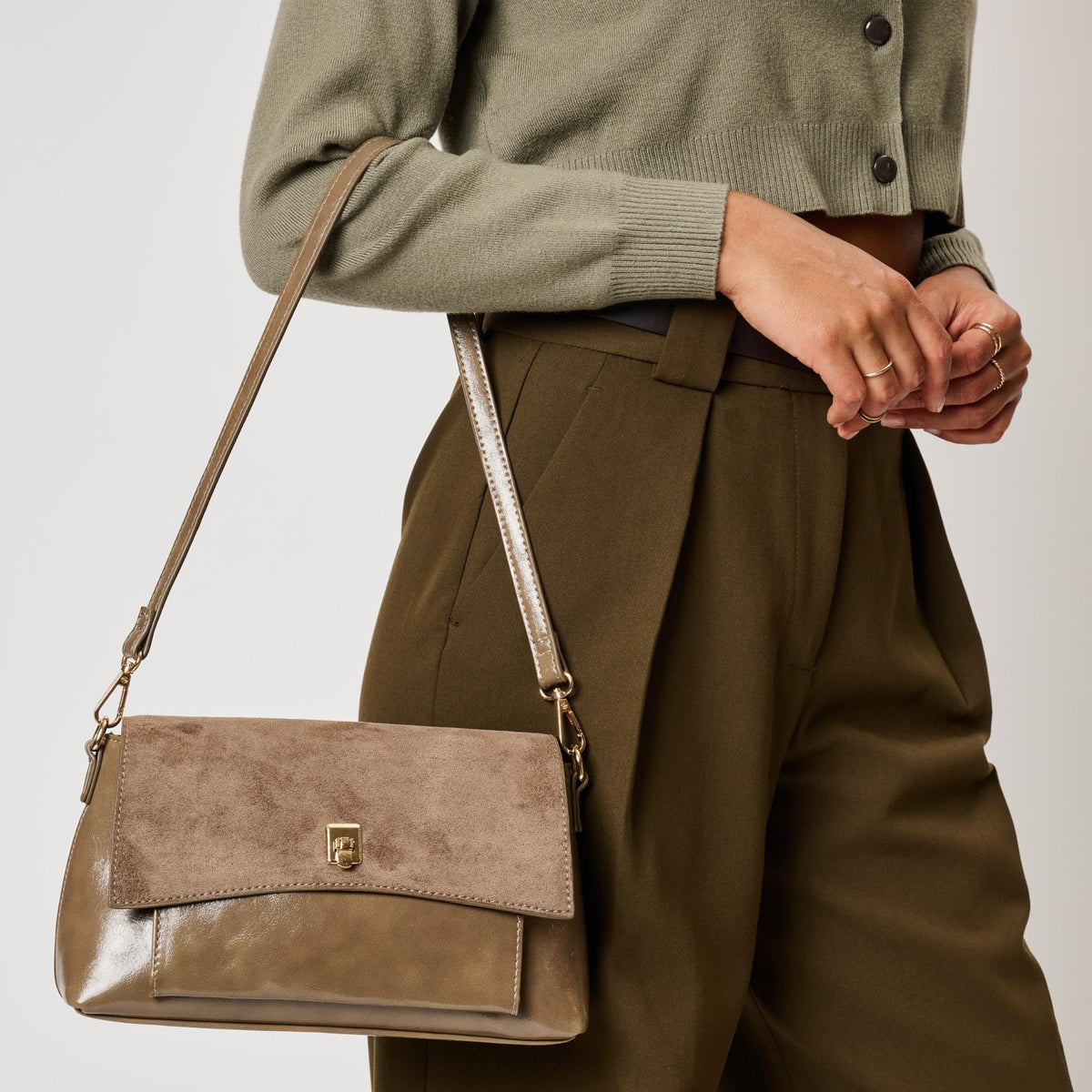 Woman wearing Taupe Moda Luxe Aly Crossbody 842017143062 View 4 | Taupe