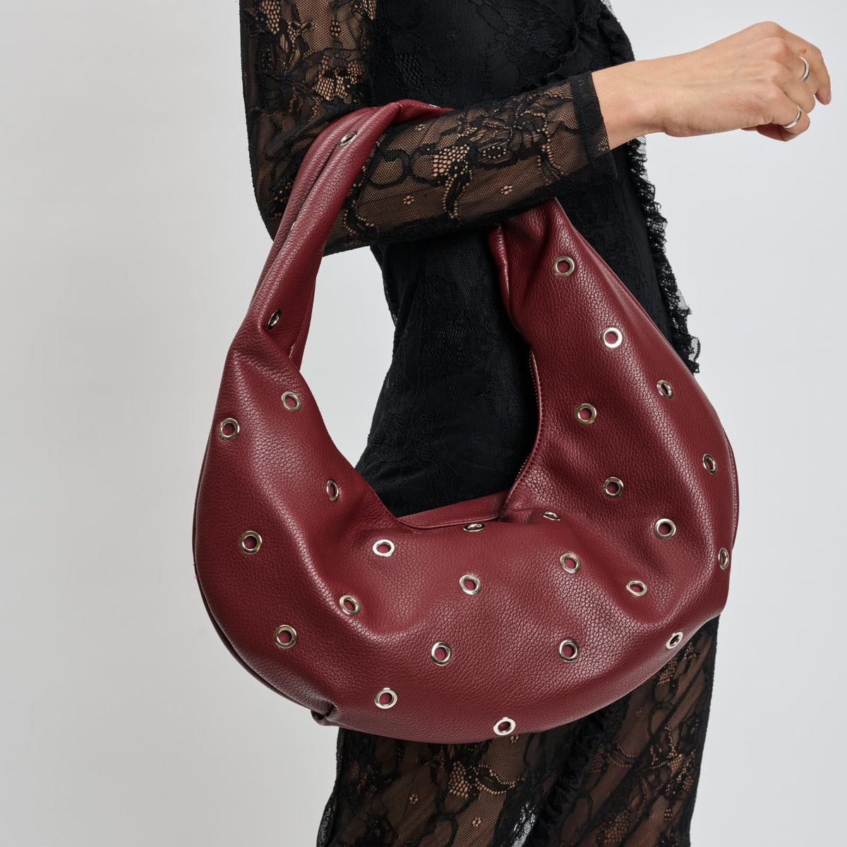 Woman wearing Burgundy Sol and Selene Riot Shoulder Bag 842017139768 View 4 | Burgundy
