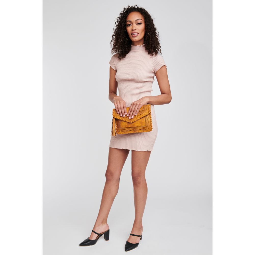 Woman wearing Mustard Moda Luxe Daisy Clutch 842017122234 View 3 | Mustard
