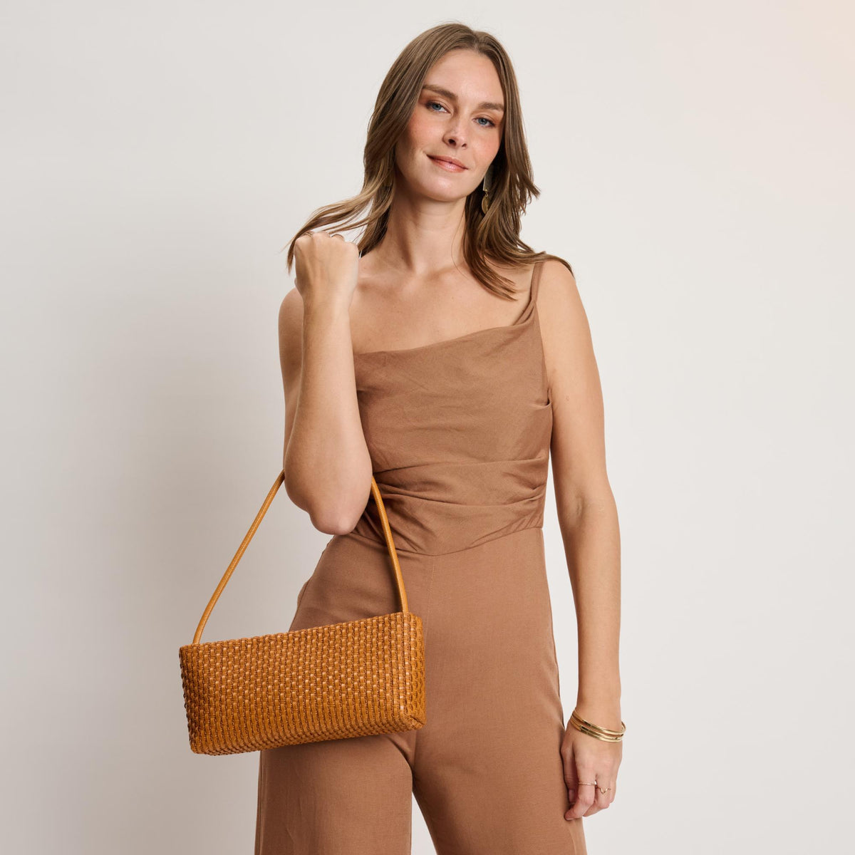 Woman wearing Tan Moda Luxe Lucy Shoulder Bag 842017140351 View 3 | Tan