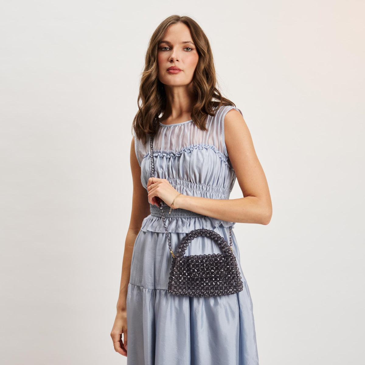 Woman wearing Smoke Moda Luxe Dolly Evening Bag 842017133483 View 2 | Smoke