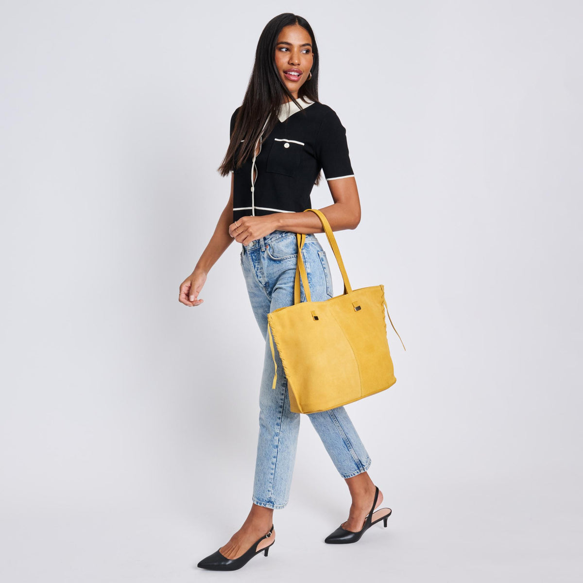 Woman wearing Honey Sol and Selene Queen Tote 842017136224 View 3 | Honey