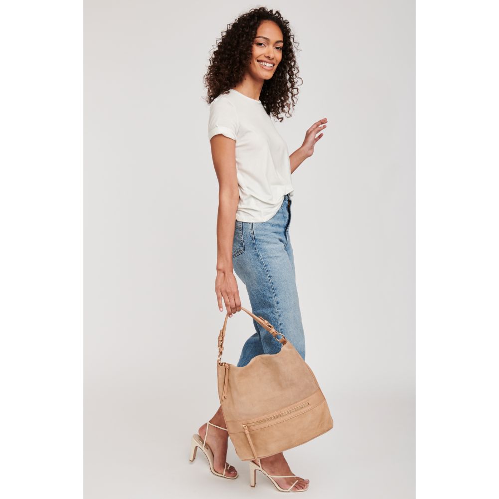 Woman wearing Natural Moda Luxe Isabella Hobo 842017122401 View 4 | Natural