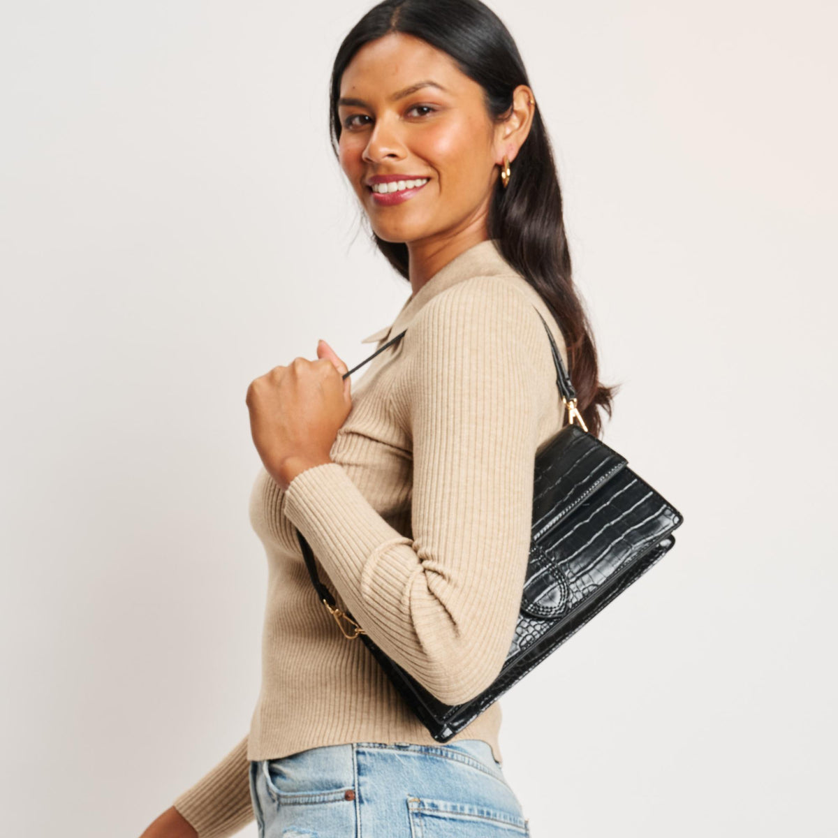 Woman wearing Black Moda Luxe Violet - Croco Crossbody 842017140061 View 2 | Black