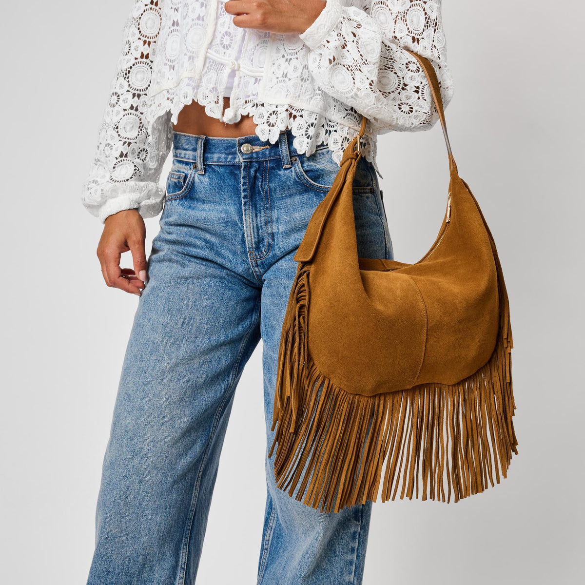 Woman wearing Caramel Moda Luxe Reba Hobo 842017142379 View 2 | Caramel