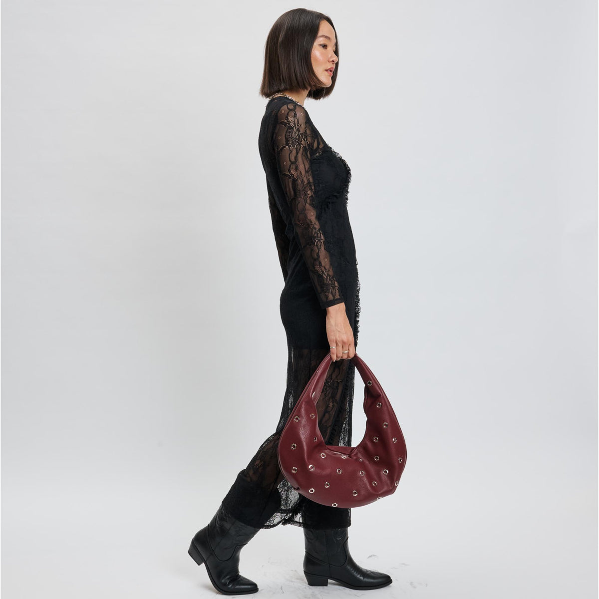 Woman wearing Burgundy Sol and Selene Riot Shoulder Bag 842017139768 View 3 | Burgundy
