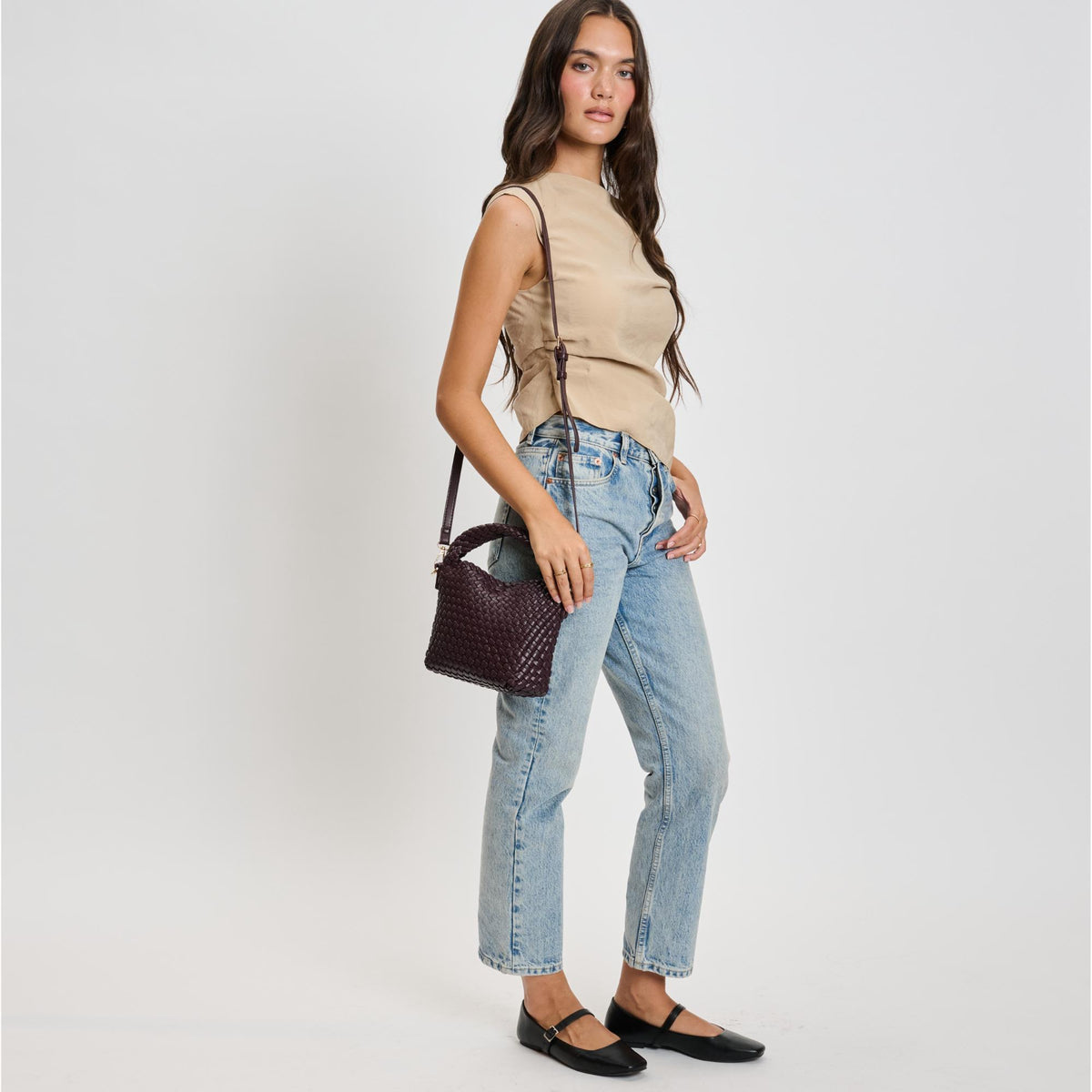 Woman wearing Espresso Moda Luxe Jessamine Crossbody 842017136217 View 3 | Espresso