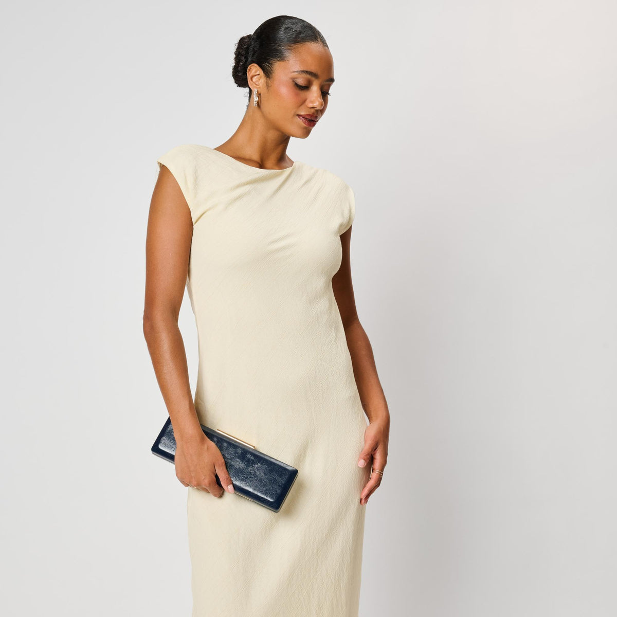 Woman wearing Navy Moda Luxe Angie Clutch 842017142508 View 3 | Navy