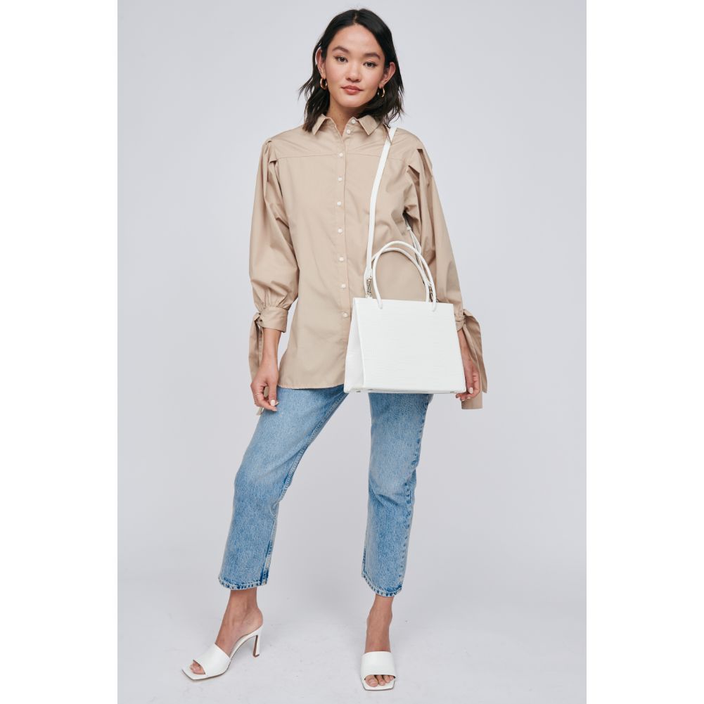 Woman wearing White Moda Luxe Pierce Mini Tote 842017125075 View 3 | White