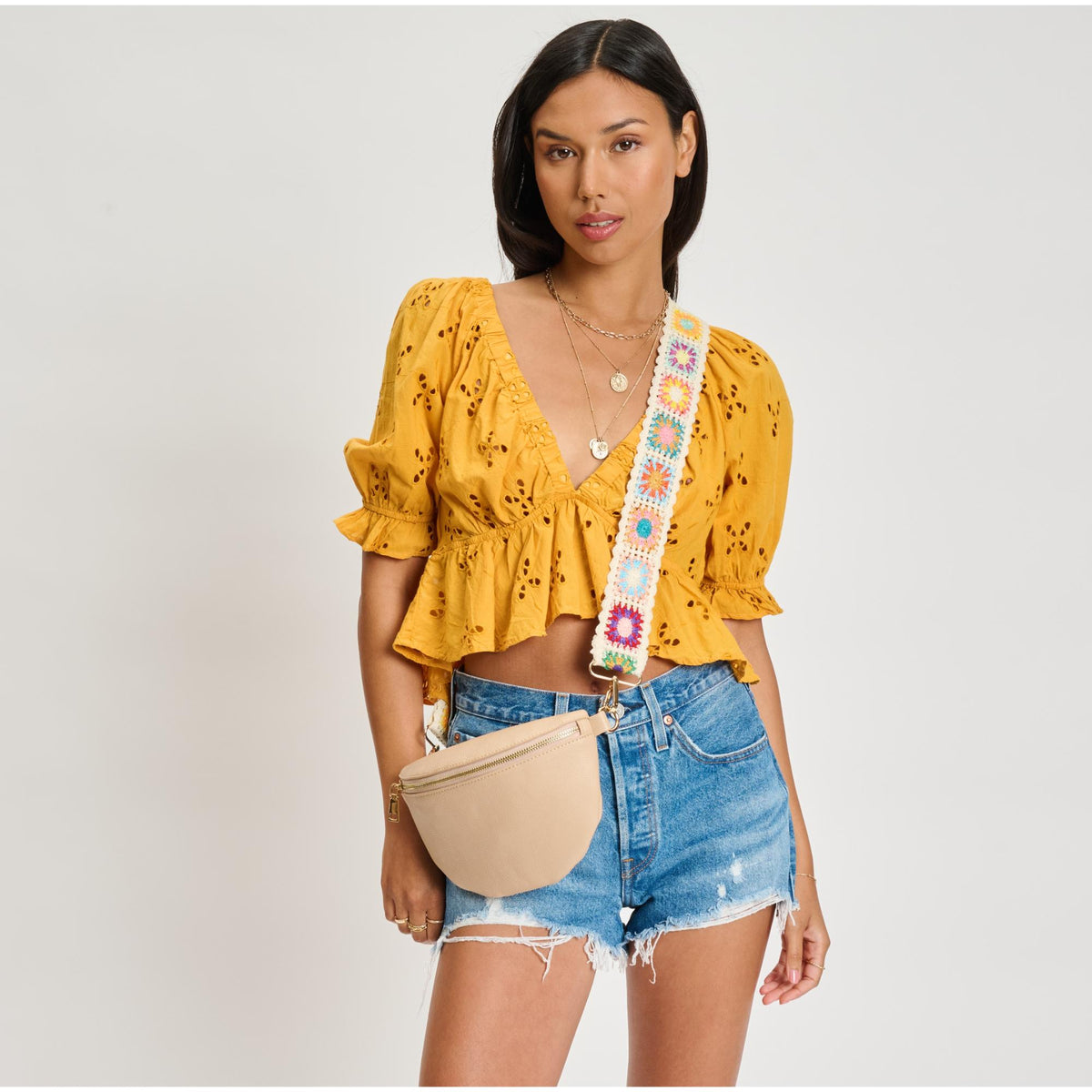 Woman wearing Natural Moda Luxe Stylette Belt Bag 842017134787 View 1 | Natural