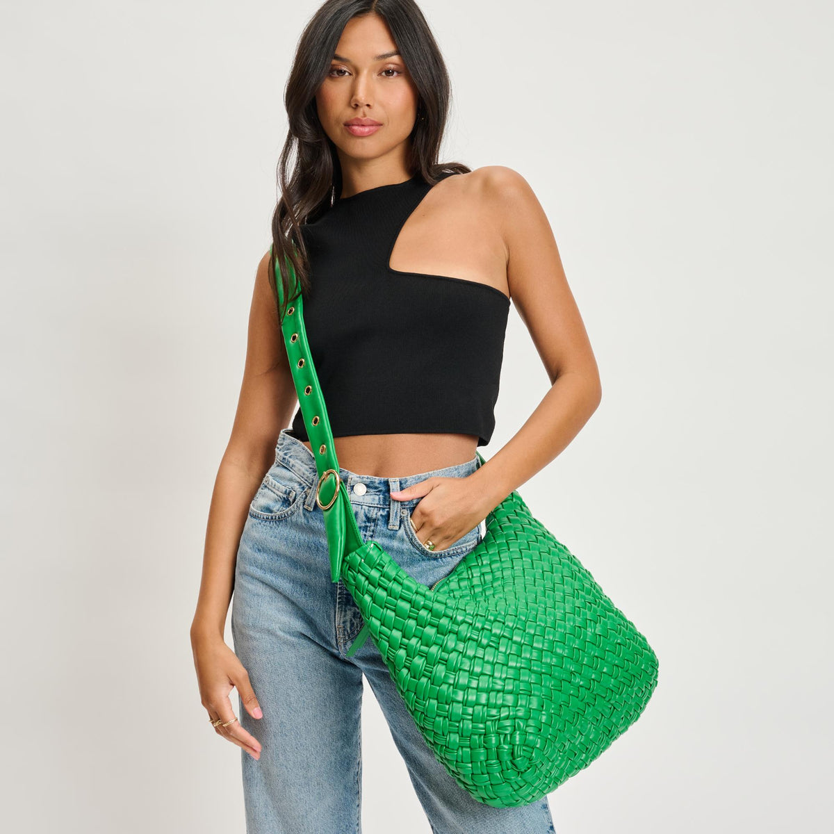 Woman wearing Kelly Green Moda Luxe Classica Crossbody 842017135500 View 1 | Kelly Green