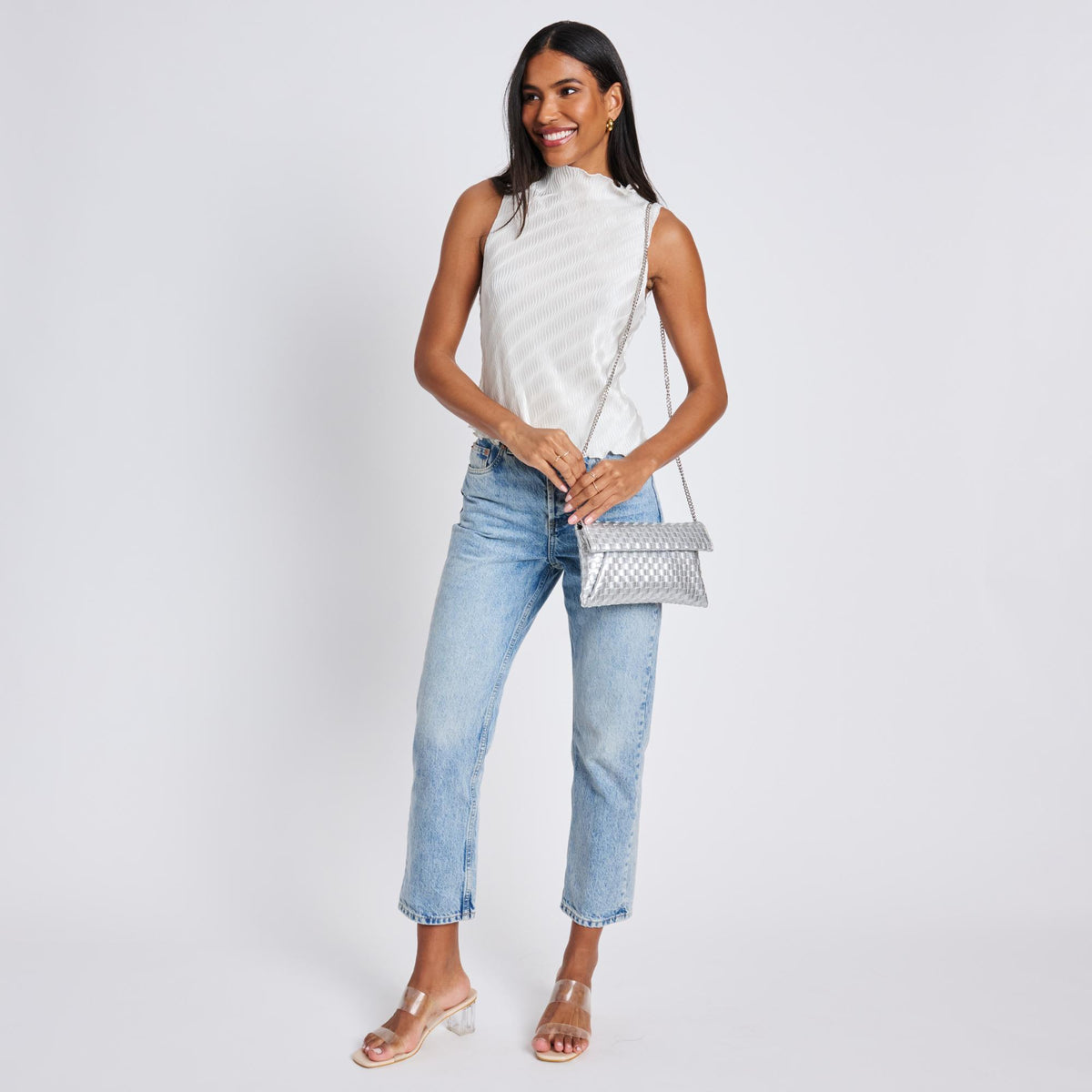 Woman wearing Silver Moda Luxe Priscilla Clutch 842017136569 View 3 | Silver