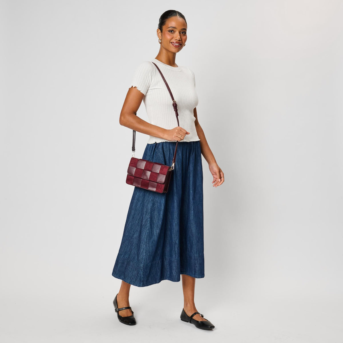 Woman wearing Burgundy Moda Luxe Tanya Crossbody 842017142928 View 4 | Burgundy