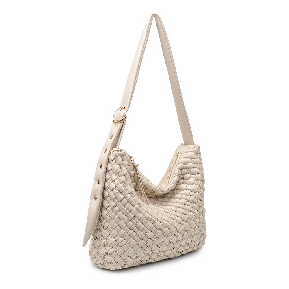 Woman wearing Oatmilk Moda Luxe Classica Crossbody 842017135494 View 6 | Oatmilk
