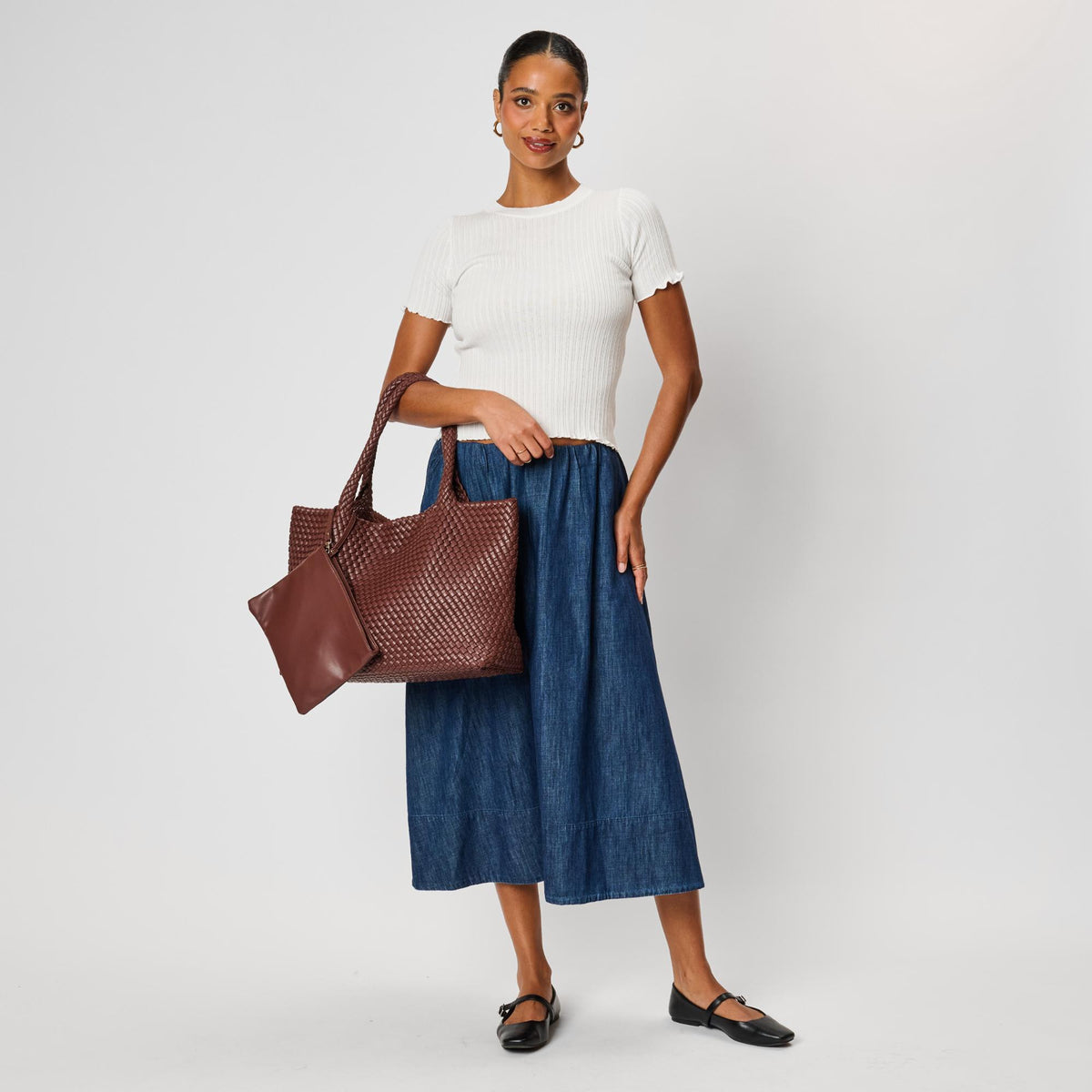 Woman wearing Chocolate Moda Luxe Solana Tote 842017142195 View 4 | Chocolate