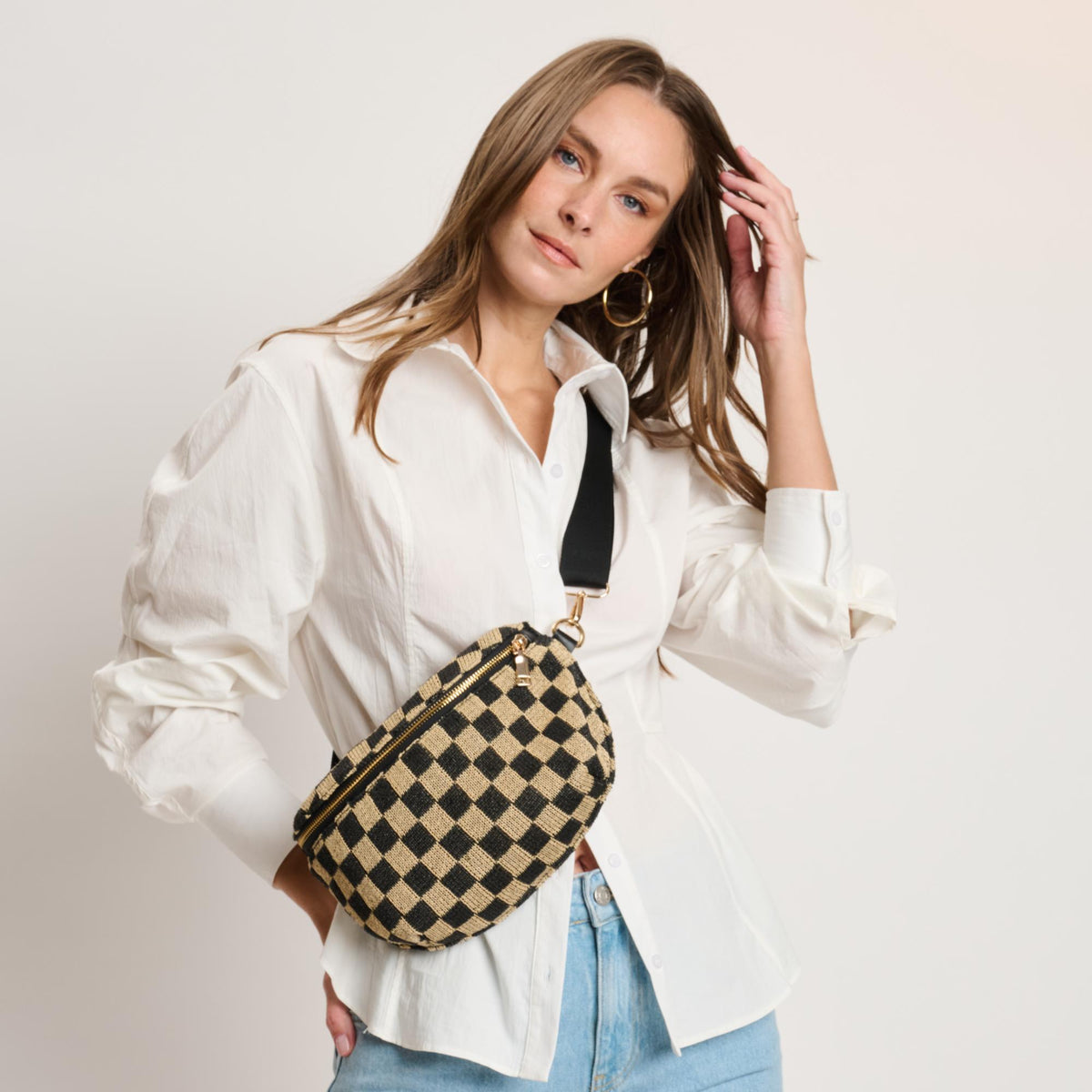 Woman wearing Black Natural Moda Luxe Gizelle - Large Checker Belt Bag 842017141044 View 1 | Black Natural