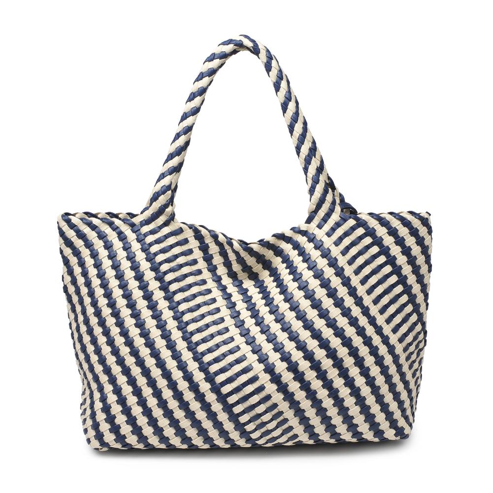 Woman wearing Navy Ivory Moda Luxe Solana - Mixed Material Tote 842017135791 View 7 | Navy Ivory