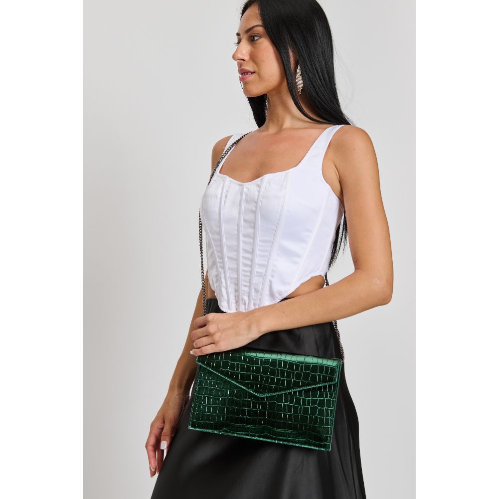 Woman wearing Emerald Sol and Selene Katniss Clutch 842017133759 View 3 | Emerald