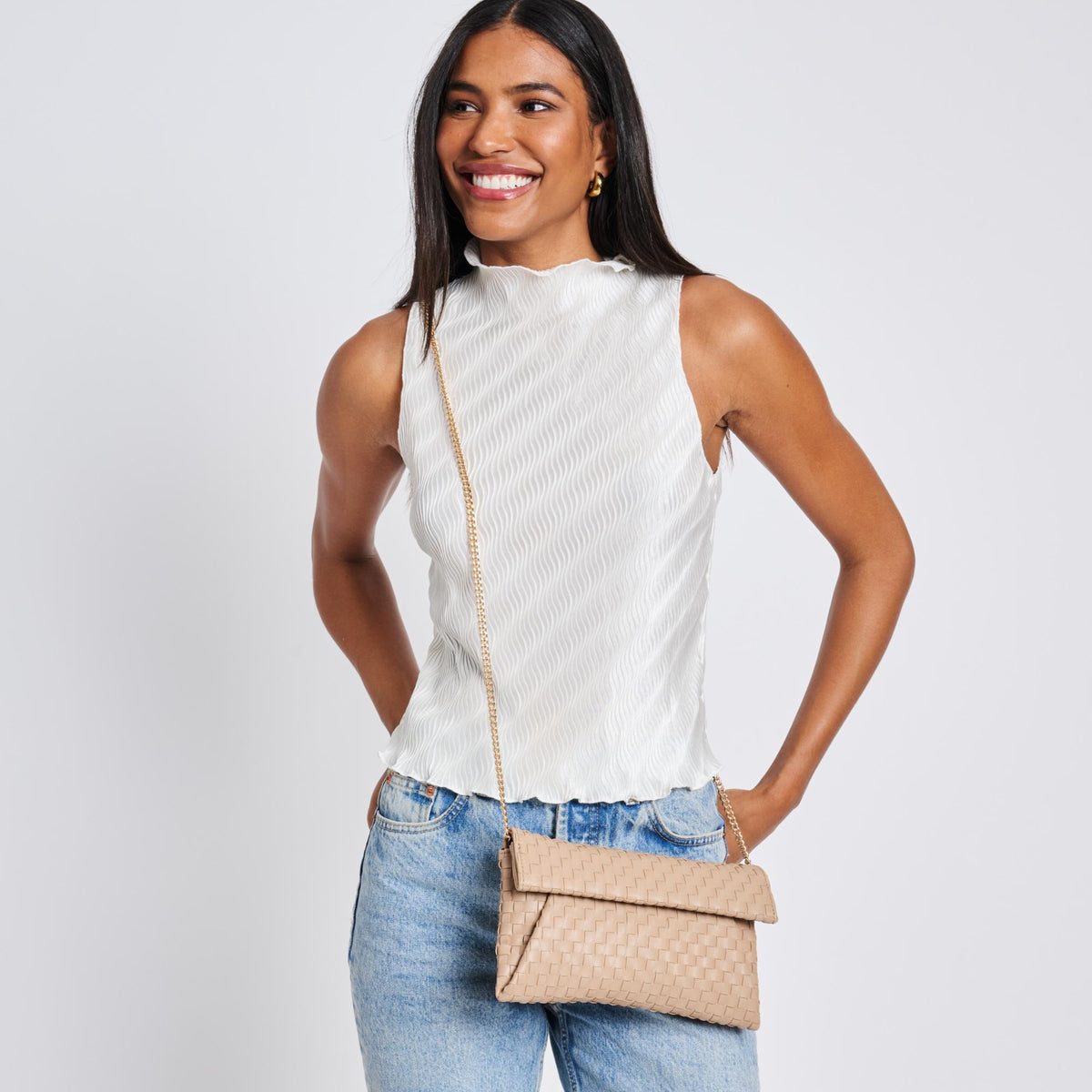 Woman wearing Nude Moda Luxe Priscilla Clutch 842017136576 View 2 | Nude
