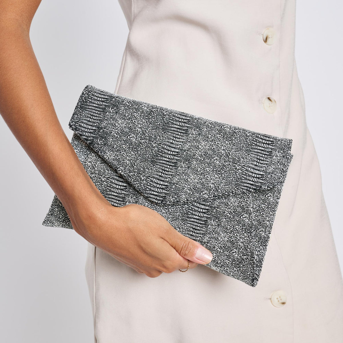 Woman wearing Black White Sol and Selene Cara Clutch 842017118213 View 1 | Black White