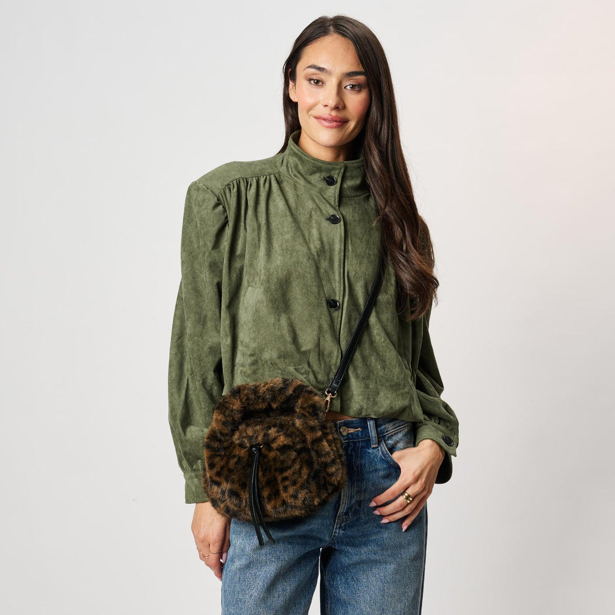 Woman wearing Leopard Moda Luxe Wynter Crossbody 842017142584 View 2 | Leopard