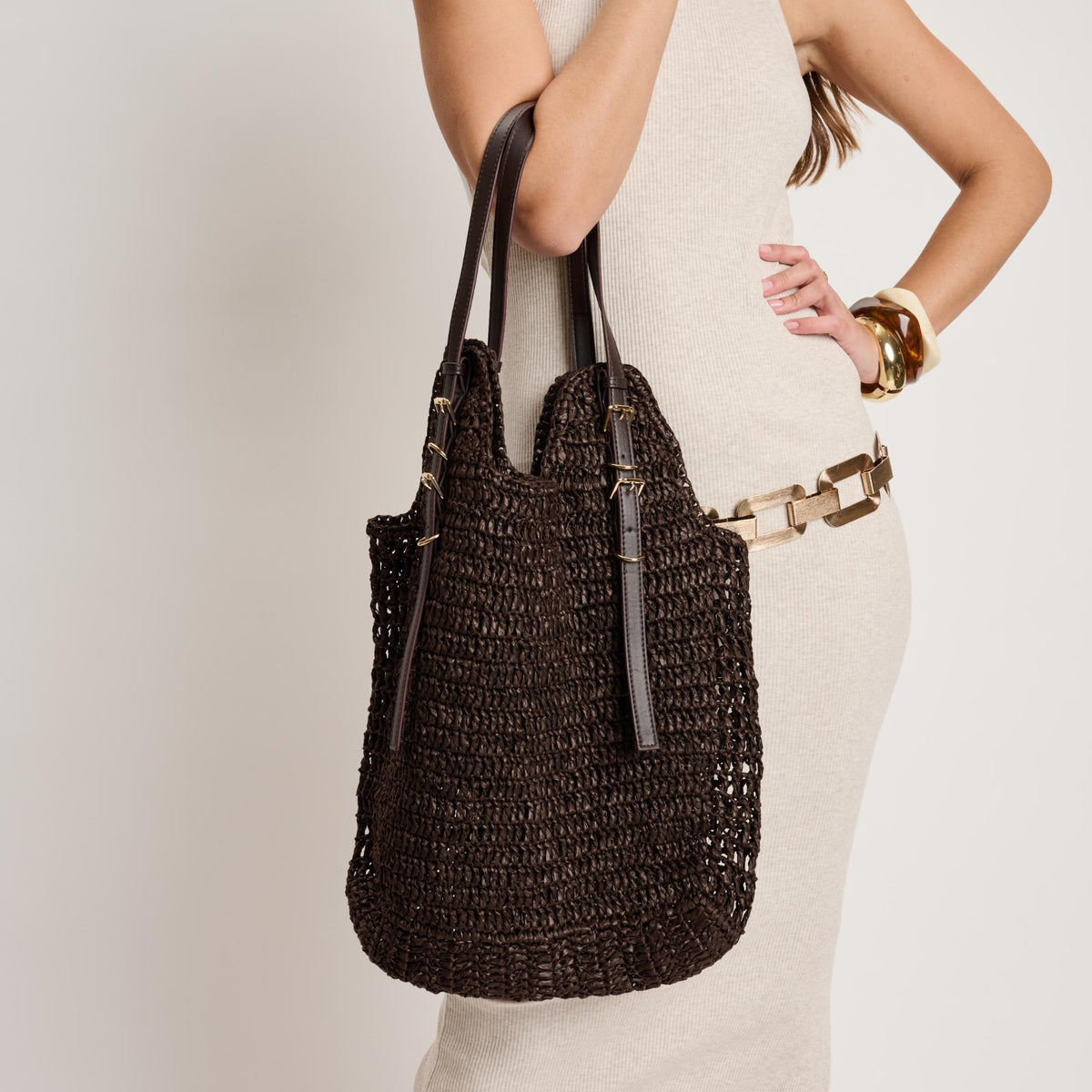 Woman wearing Chocolate Moda Luxe Reina Tote 842017140726 View 4 | Chocolate