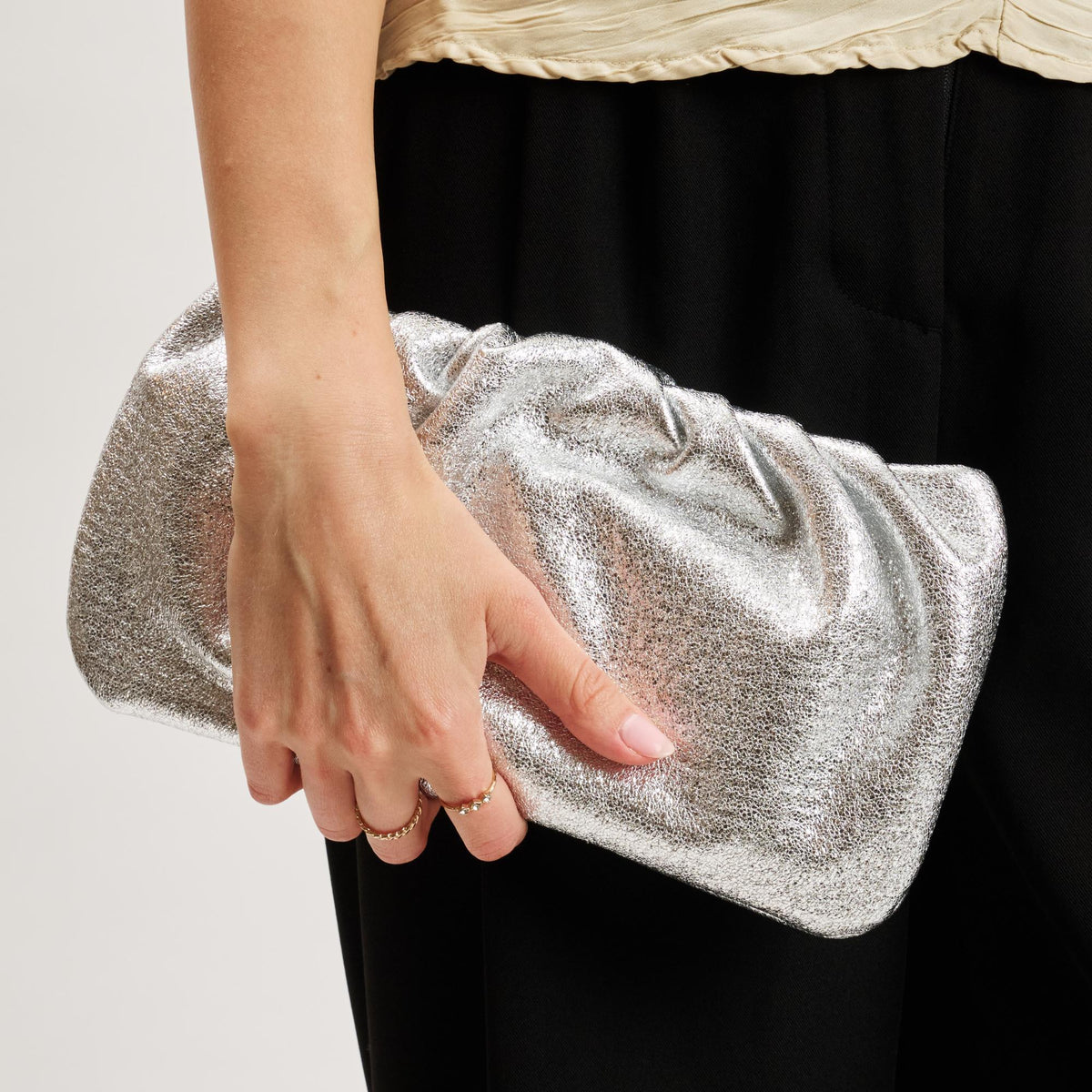 Woman wearing Silver Moda Luxe Fancy Clutch 842017141341 View 2 | Silver