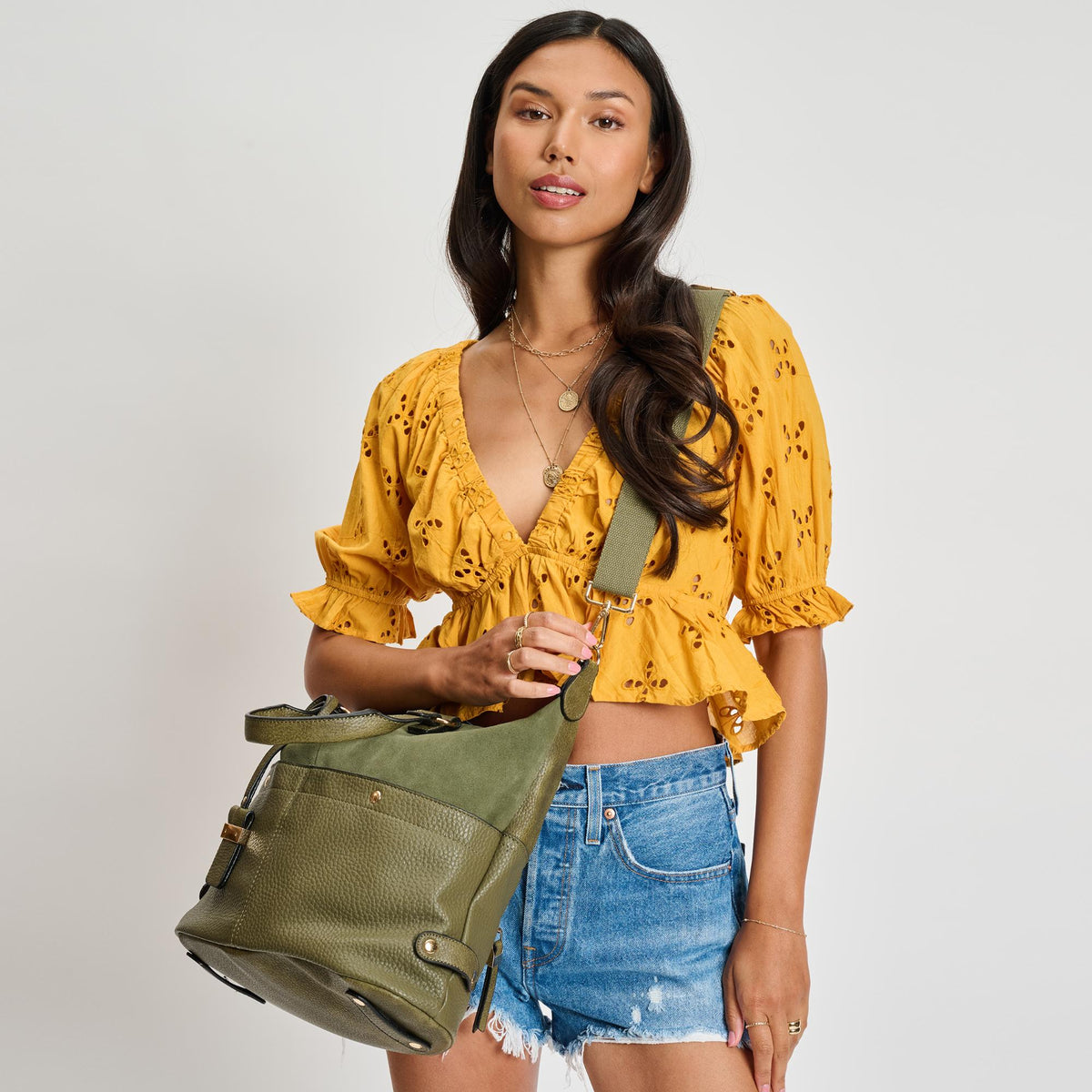 Woman wearing Olive Sol and Selene London Satchel 842017100768 View 2 | Olive