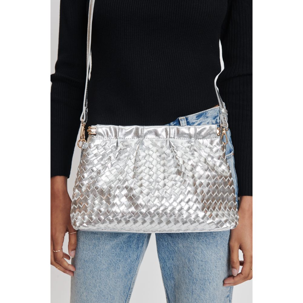Woman wearing Silver Moda Luxe Katana Crossbody 842017132523 View 4 | Silver