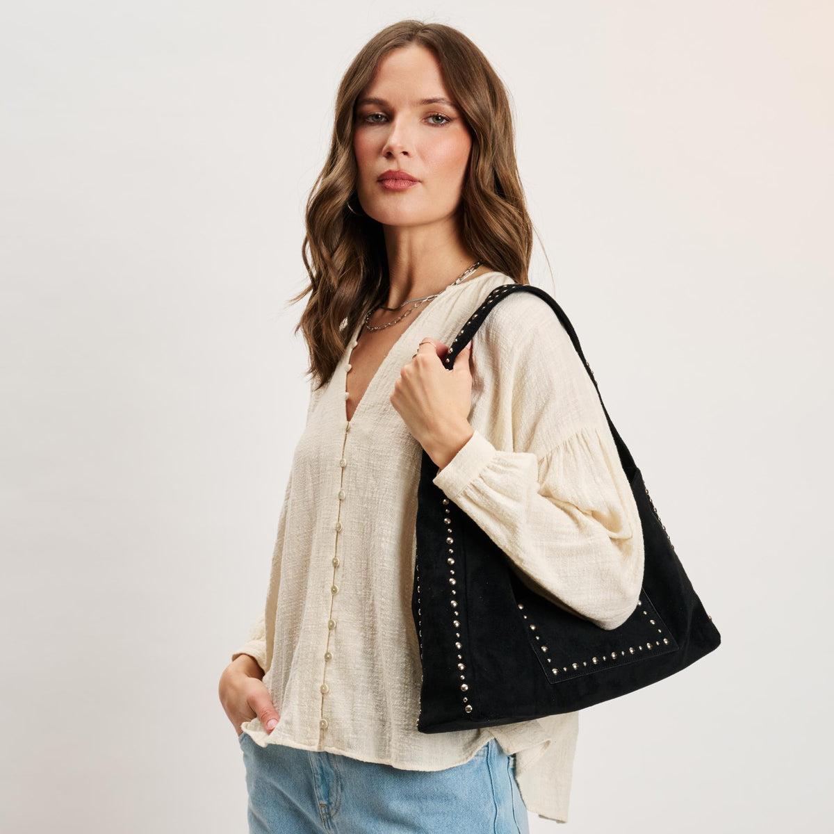 Woman wearing Black Moda Luxe Dahlia Hobo 842017140634 View 2 | Black