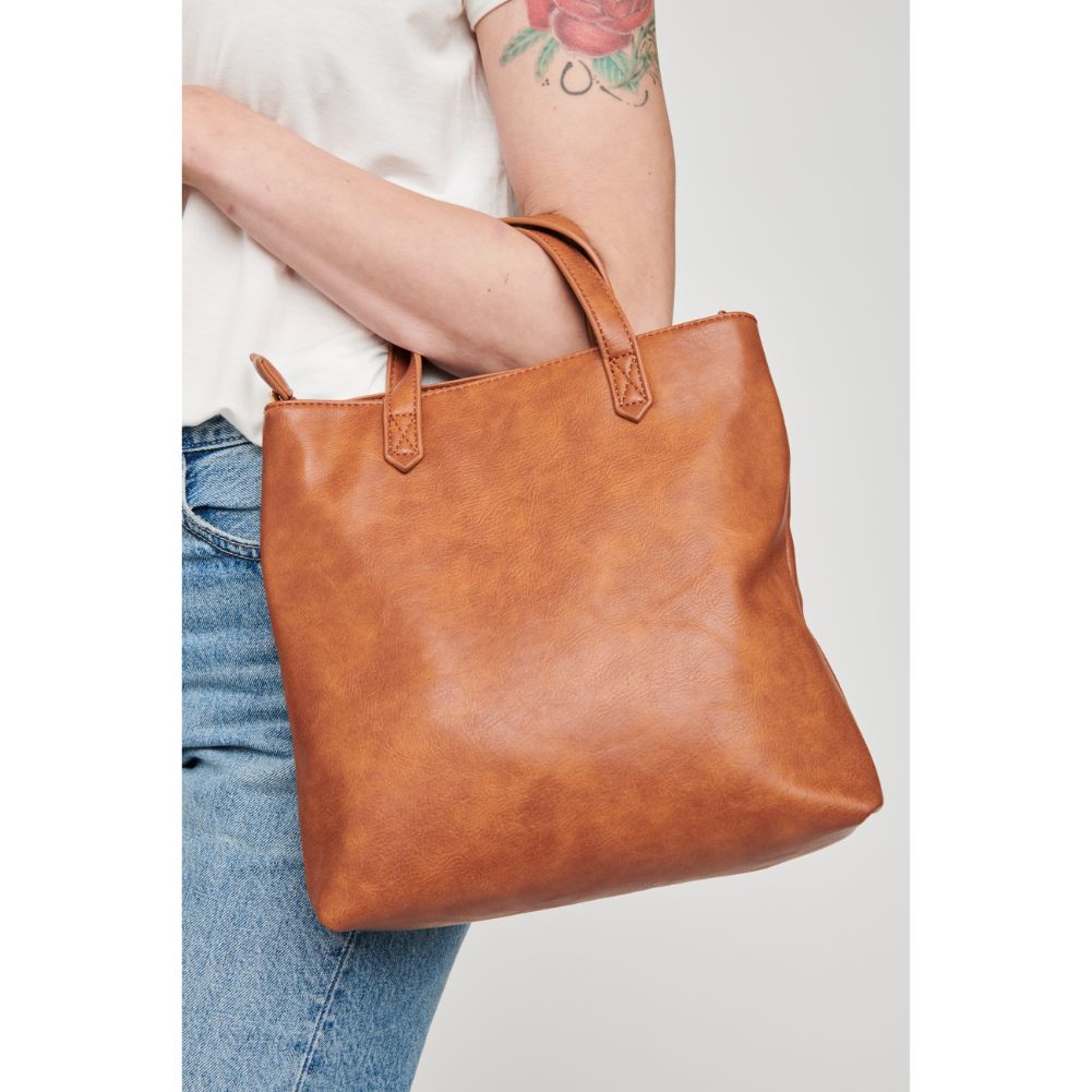 Woman wearing Tan Moda Luxe Selena Mini Tote 842017126805 View 2 | Tan