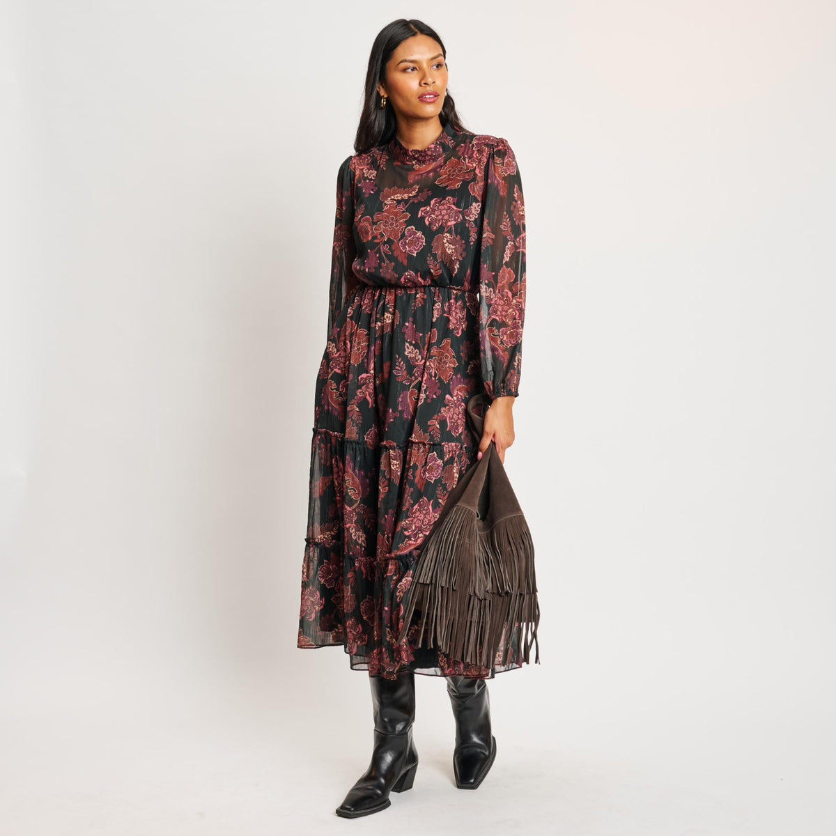 Woman wearing Chocolate Moda Luxe Hope Hobo 842017139096 View 4 | Chocolate