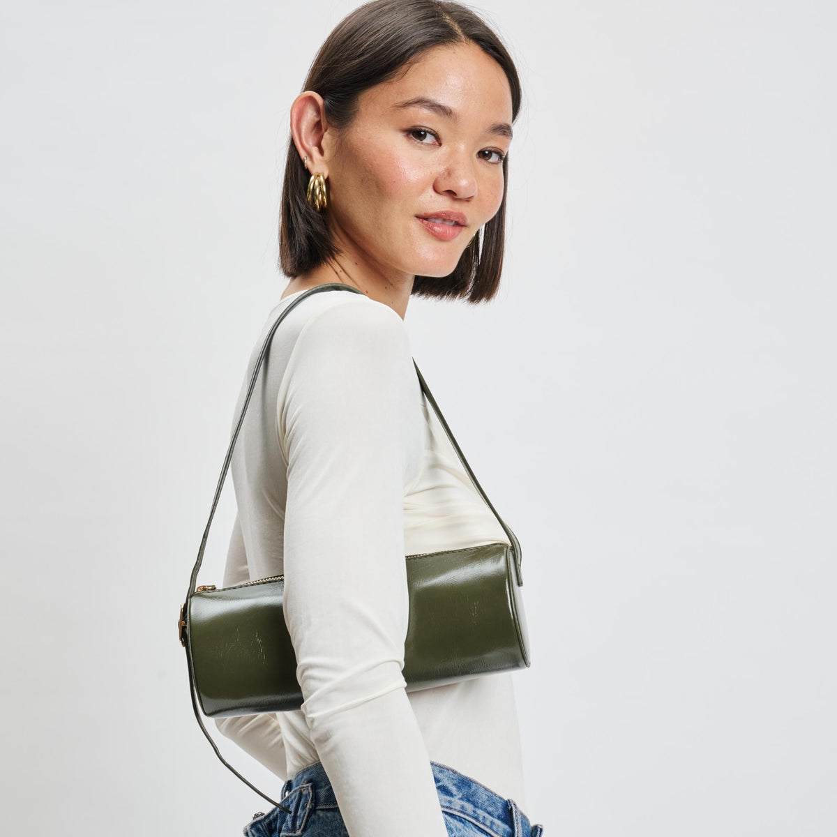 Woman wearing Sage Moda Luxe Mila Shoulder Bag 842017139287 View 1 | Sage
