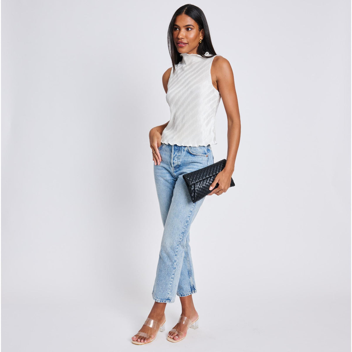 Woman wearing Black Moda Luxe Priscilla Clutch 842017136538 View 2 | Black