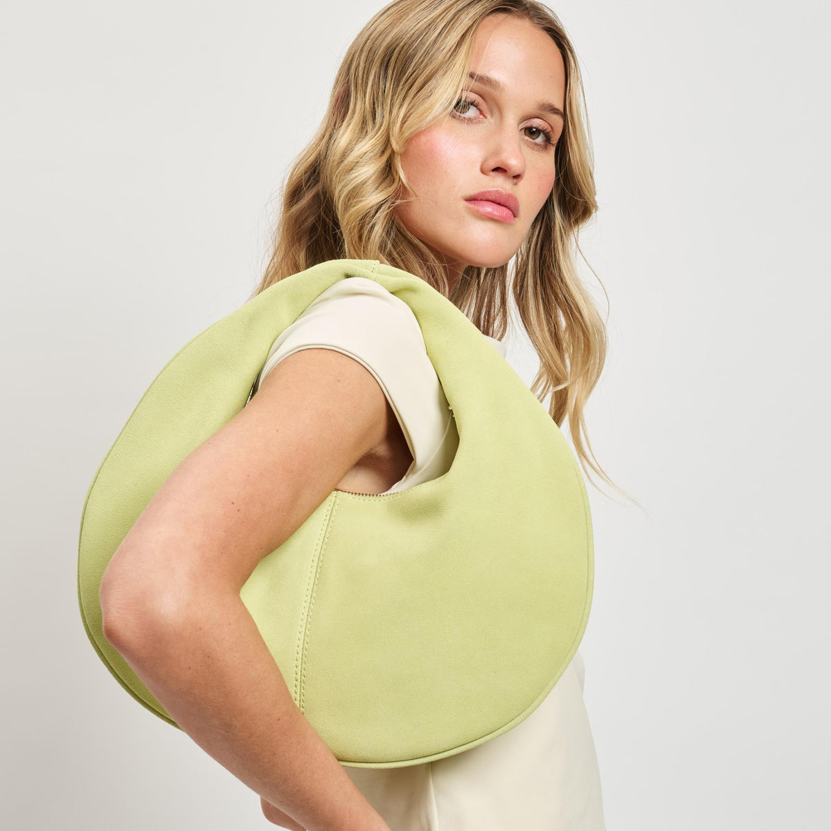 Woman wearing Pistachio Moda Luxe Farrah - Suede Hobo 842017138648 View 2 | Pistachio
