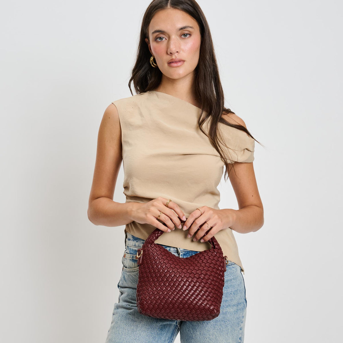 Woman wearing Burgundy Sol and Selene Jessamine Crossbody 842017135708 View 1 | Burgundy