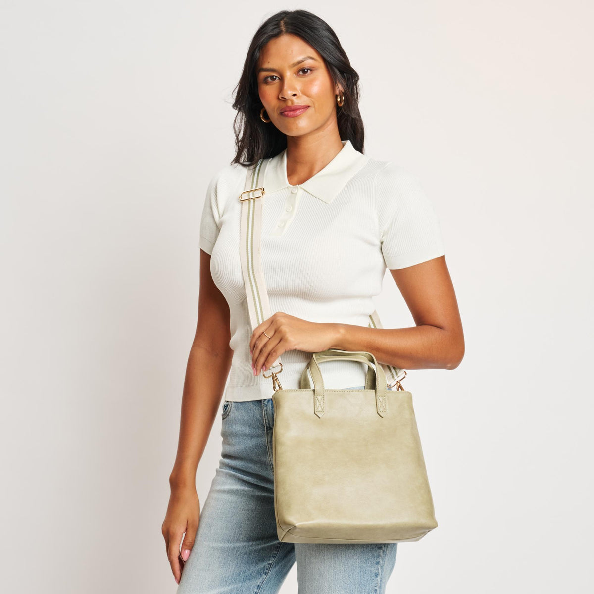 Woman wearing Sage Moda Luxe Selena Mini Tote 842017126836 View 1 | Sage