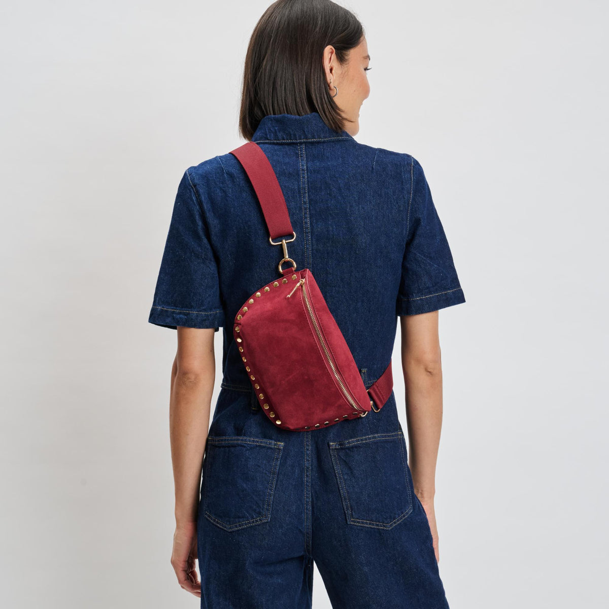 Woman wearing Wine Moda Luxe Gizelle-Suede Belt Bag 842017139683 View 2 | Wine