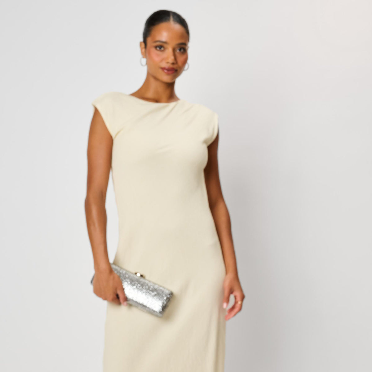 Woman wearing Silver Moda Luxe Elestine Evening Bag 842017142300 View 2 | Silver