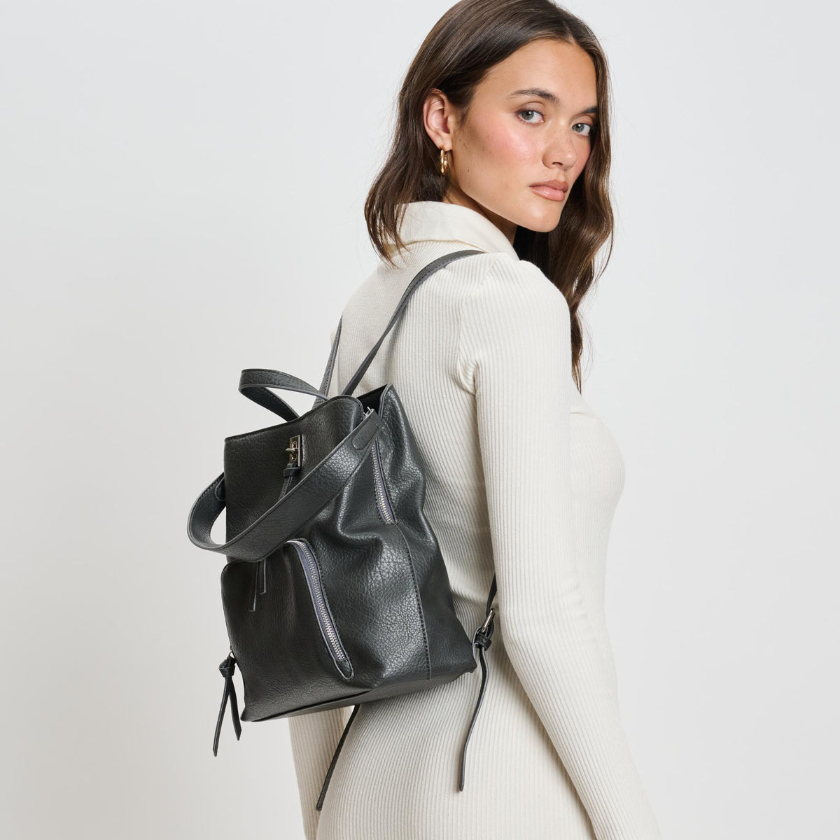 Woman wearing Grey Moda Luxe Genevieve Backpack 842017136118 View 2 | Grey
