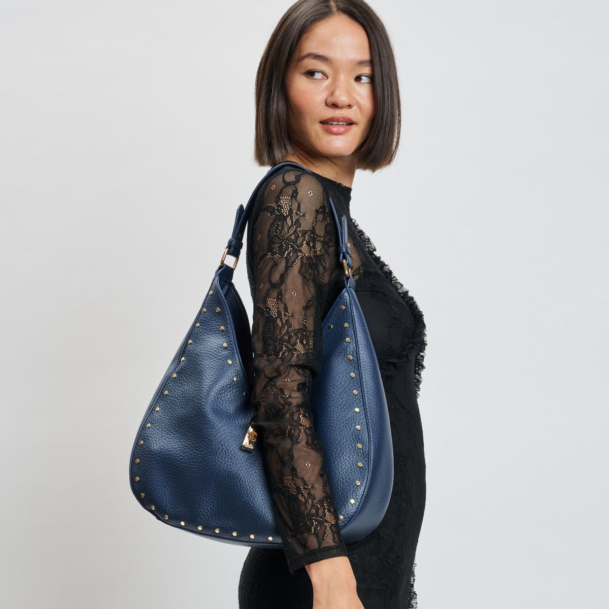 Woman wearing Midnight Sol and Selene Oliva Hobo 842017139386 View 2 | Midnight