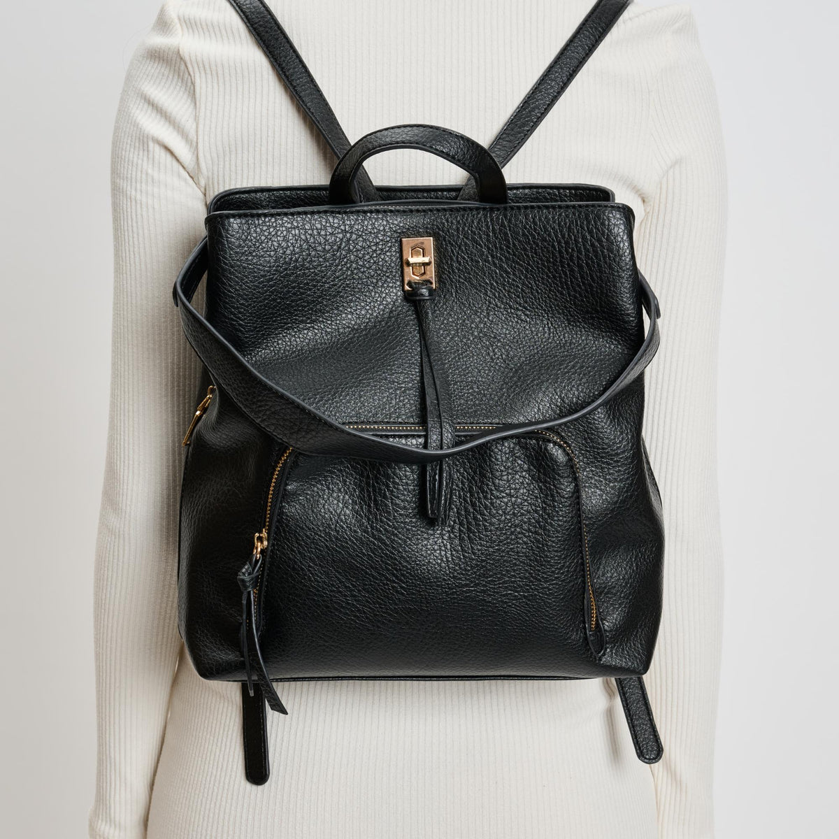 Woman wearing Black Moda Luxe Genevieve Backpack 842017136071 View 1 | Black