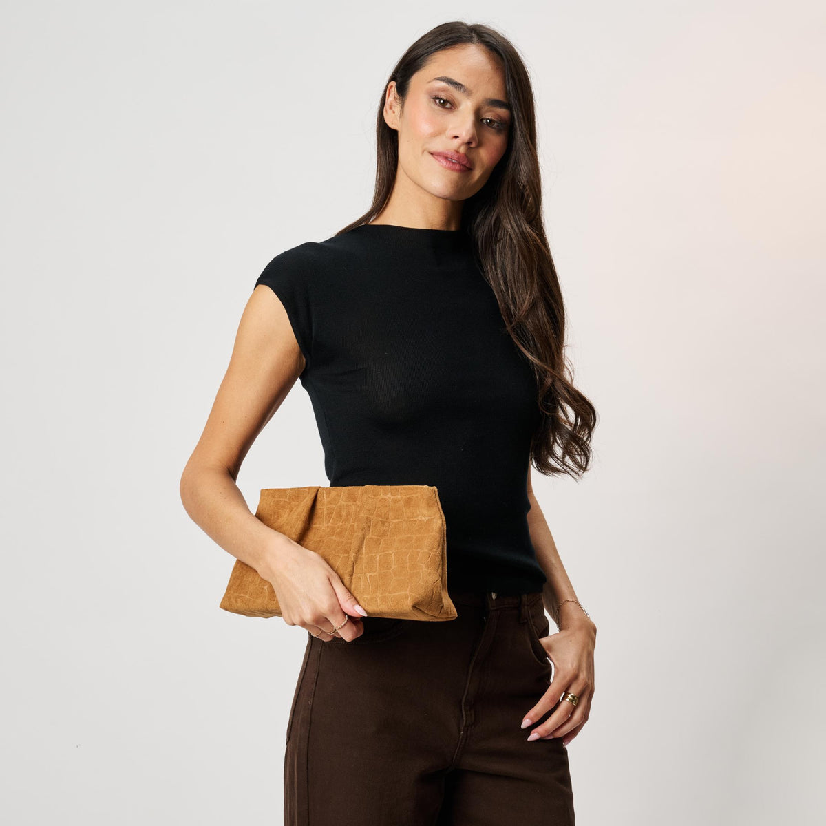 Woman wearing Tan Moda Luxe Elva Croco Clutch 842017142287 View 2 | Tan