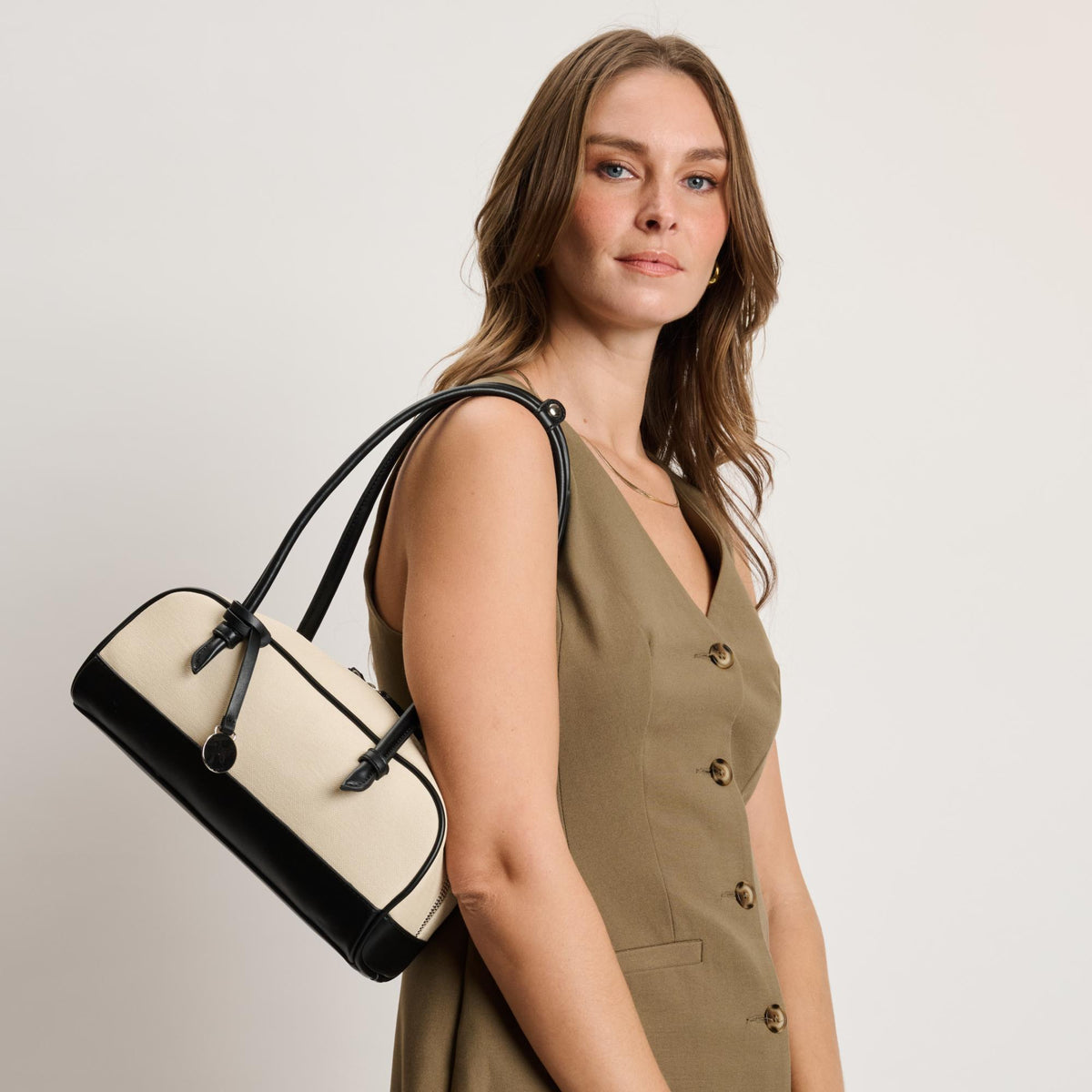 Woman wearing Ivory Black Moda Luxe Paloma - Canvas Shoulder Bag 842017140382 View 4 | Ivory Black