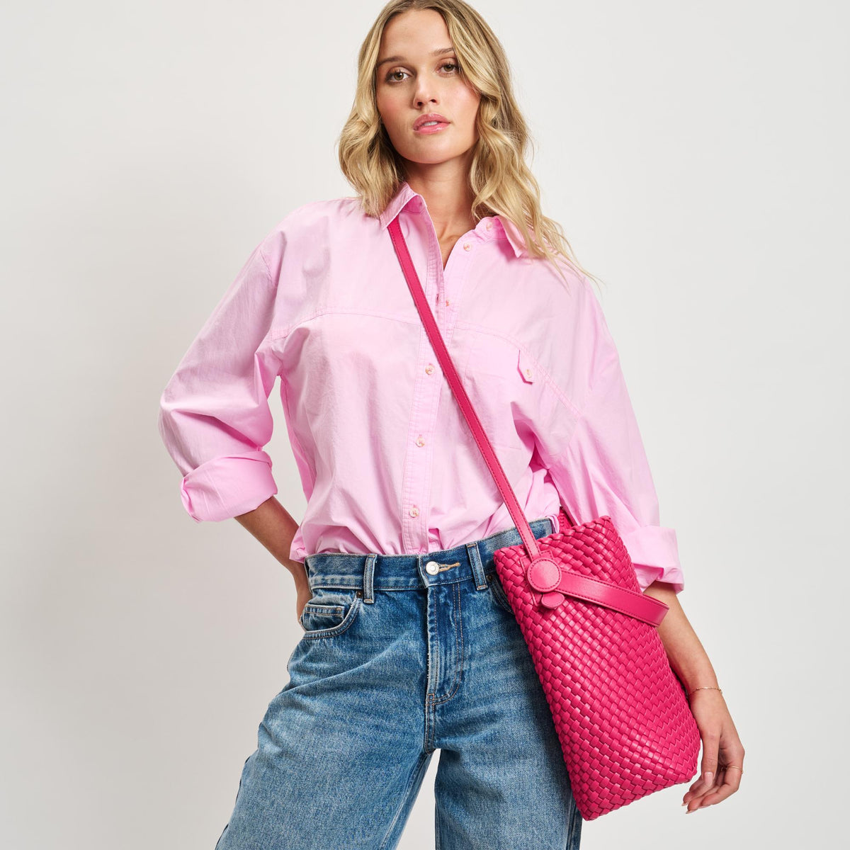 Woman wearing Fuchsia Moda Luxe Edith Hobo 842017137504 View 3 | Fuchsia