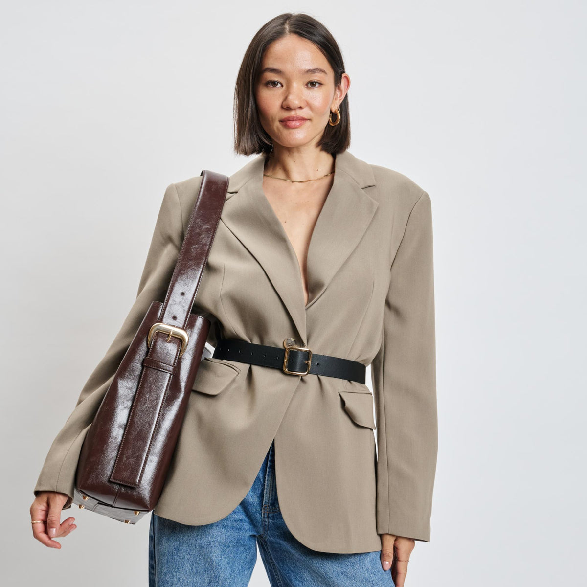 Woman wearing Chocolate Moda Luxe Brooke Bucket 842017139546 View 2 | Chocolate