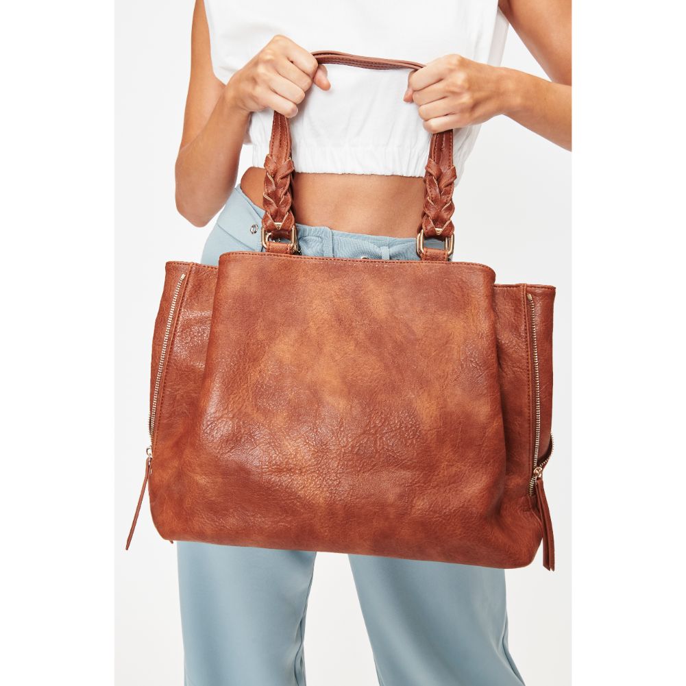Woman wearing Cognac Moda Luxe Clementine Tote 842017128076 View 1 | Cognac