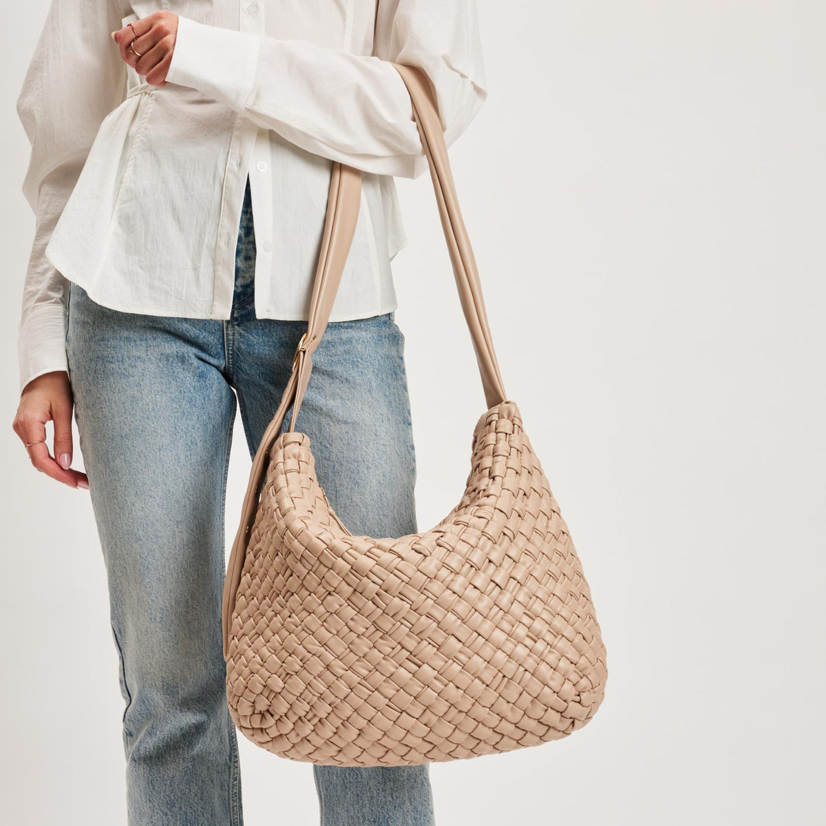 Woman wearing Natural Moda Luxe Classica Crossbody 842017135487 View 2 | Natural